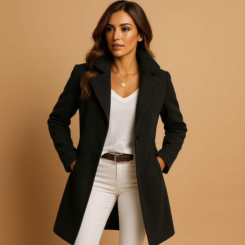 Women's Notch-Lapel Wool Blend Coat with Structured Shoulders - Black