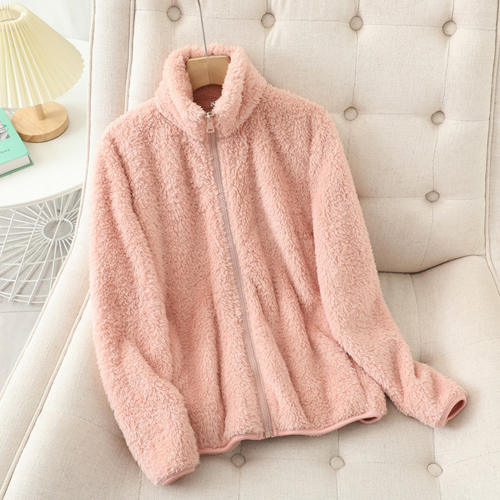 Women's All-Over Plush Fleece Jacket with Full Front Zip - Light Pink