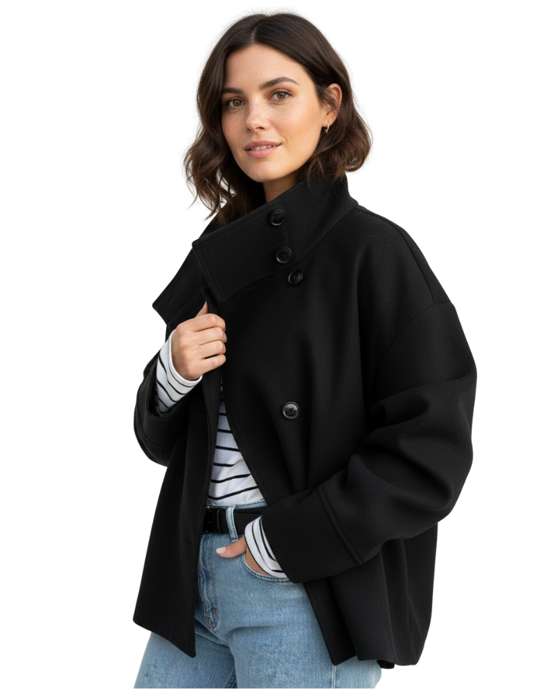 Women's Washable Single-Breasted Autumn Jacket with Raised Collar - Black