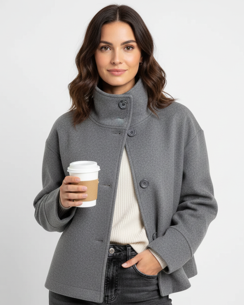 Women's Washable Single-Breasted Autumn Jacket with Raised Collar - Grey