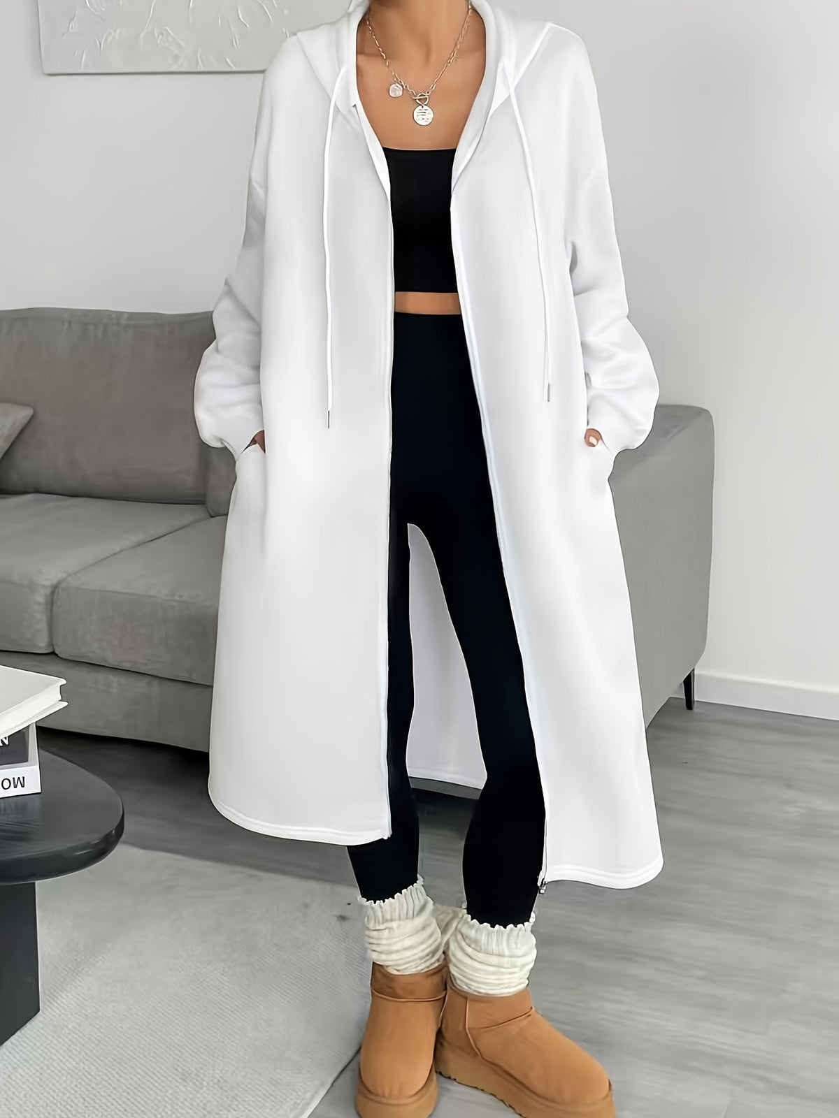 Women's Relaxed Knit Hoodie Cardigan with Full-Length Zip - White