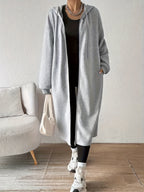 Women's Relaxed Knit Hoodie Cardigan with Full-Length Zip - Light Grey
