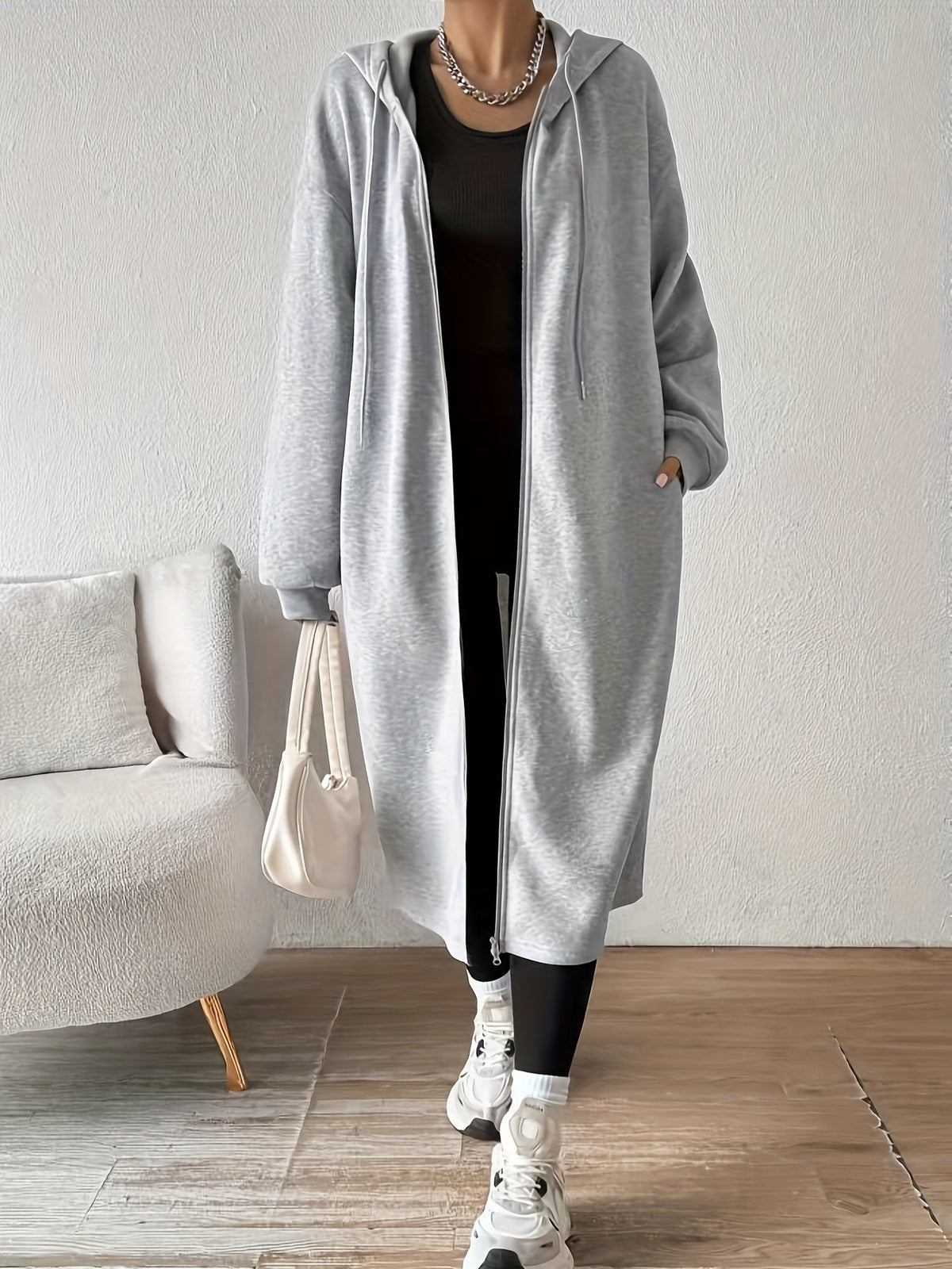 Women's Relaxed Knit Hoodie Cardigan with Full-Length Zip - Light Grey