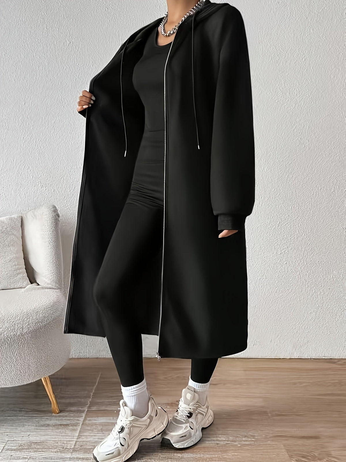 Women's Relaxed Knit Hoodie Cardigan with Full-Length Zip - Black