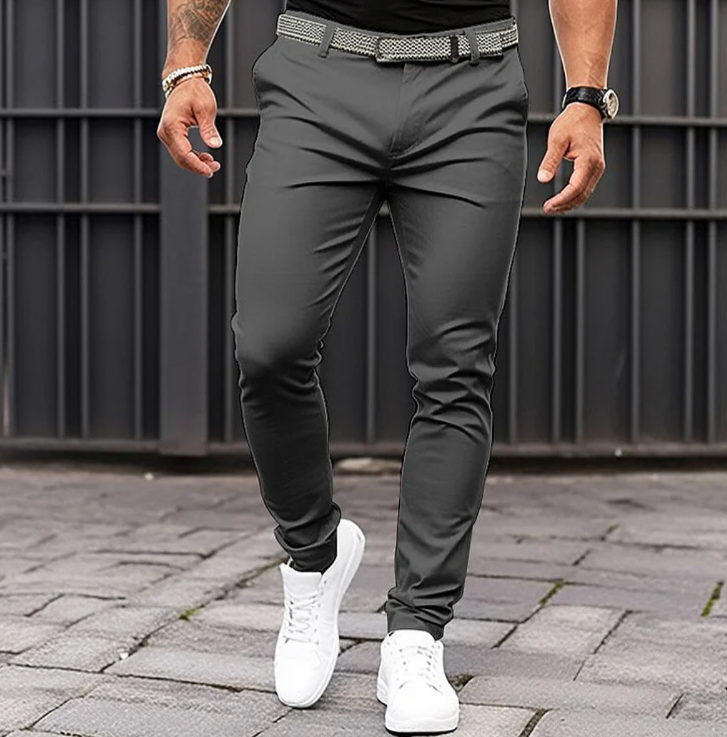 Men's Smart Jogger-Cut Trousers with Flat Front and Stretch - Dark Grey