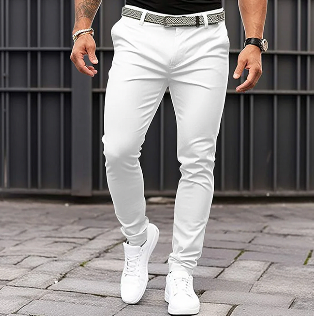 Men's Smart Jogger-Cut Trousers with Flat Front and Stretch - White