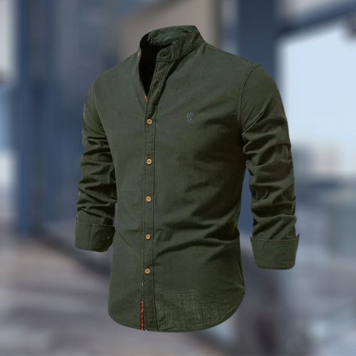 Men's Easy-Iron Slim Grandad Collar Shirt in Cotton - Dark Green
