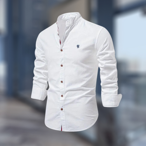 Men's Easy-Iron Slim Grandad Collar Shirt in Cotton - White