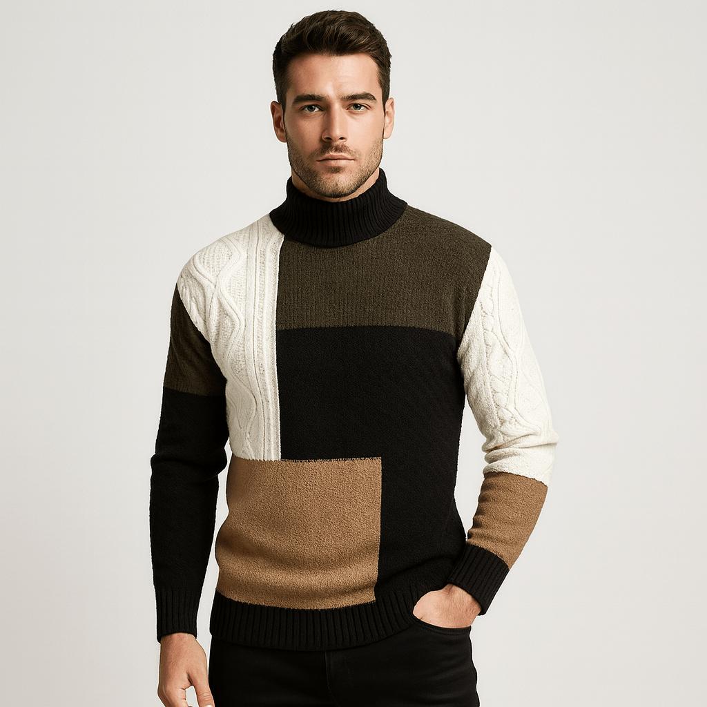 Men's Casual Patch Roll Neck Pullover in Soft Light Knit - Black