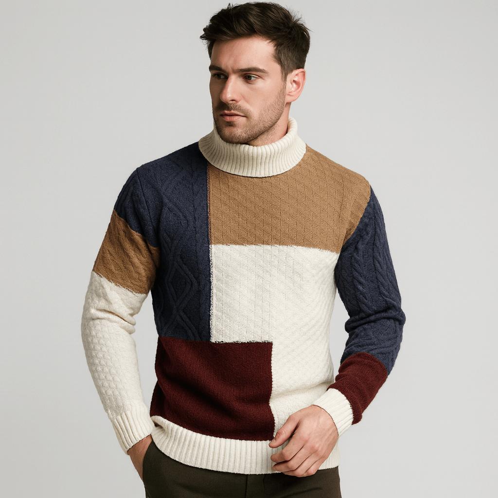 Men's Casual Patch Roll Neck Pullover in Soft Light Knit
