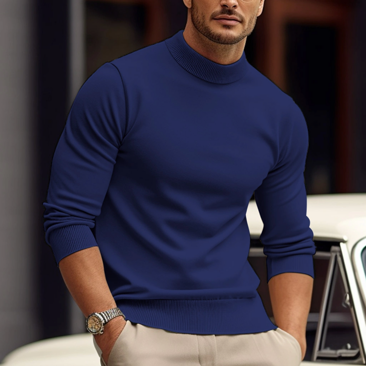 Men's Close-Fit Soft Knit Roll Neck for Smart Evenings - Blue