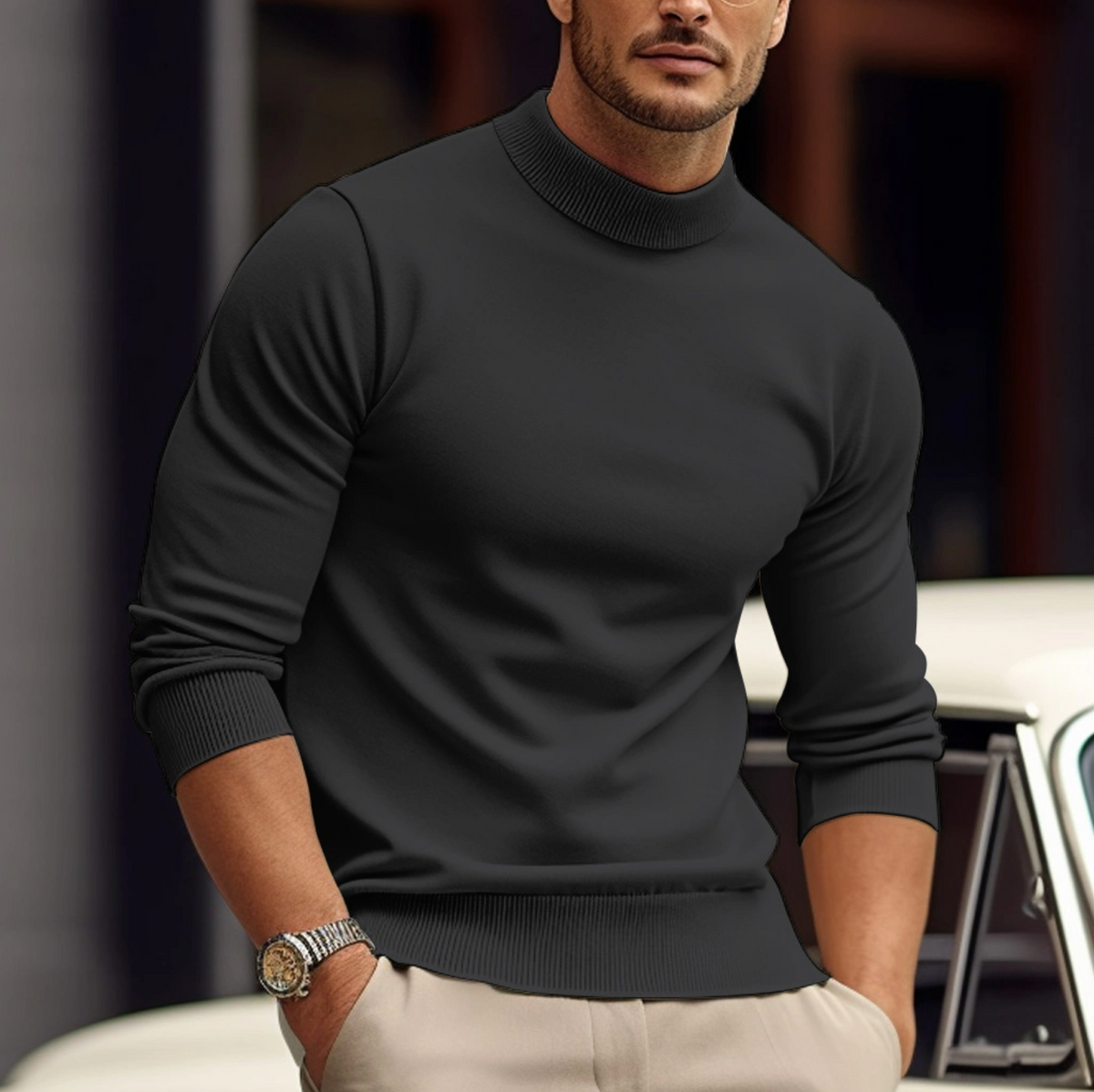 Men's Close-Fit Soft Knit Roll Neck for Smart Evenings - Black