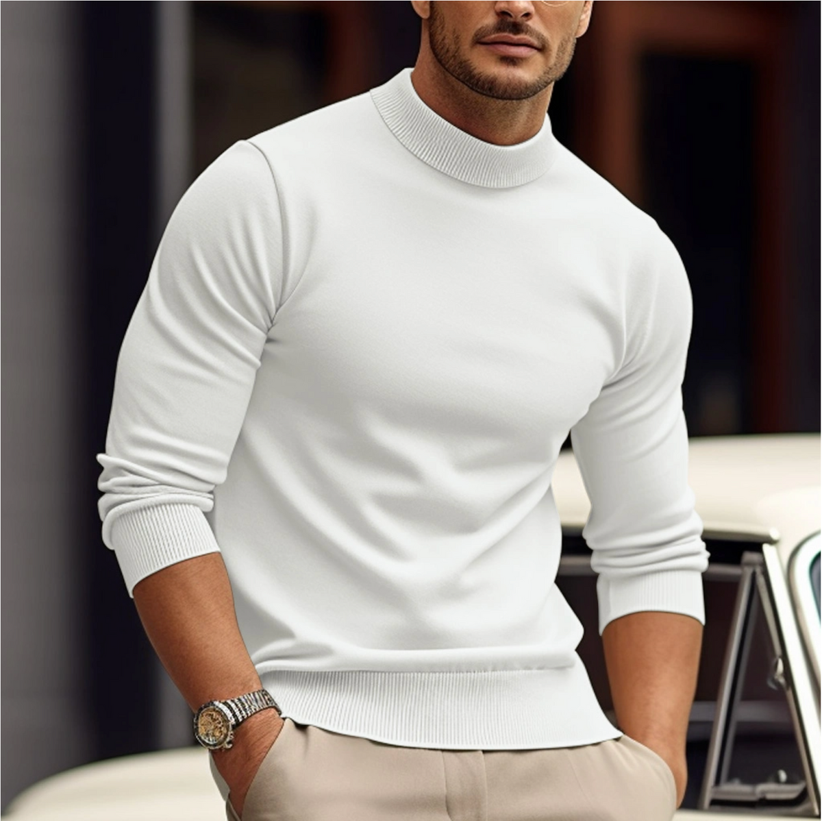 Men's Close-Fit Soft Knit Roll Neck for Smart Evenings - White
