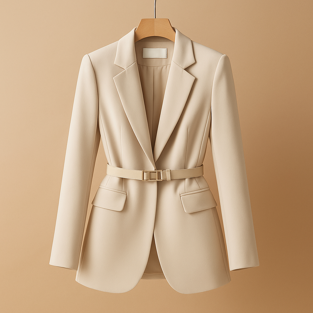 Women's Tailored Belted Blazer with Working Pockets - Beige