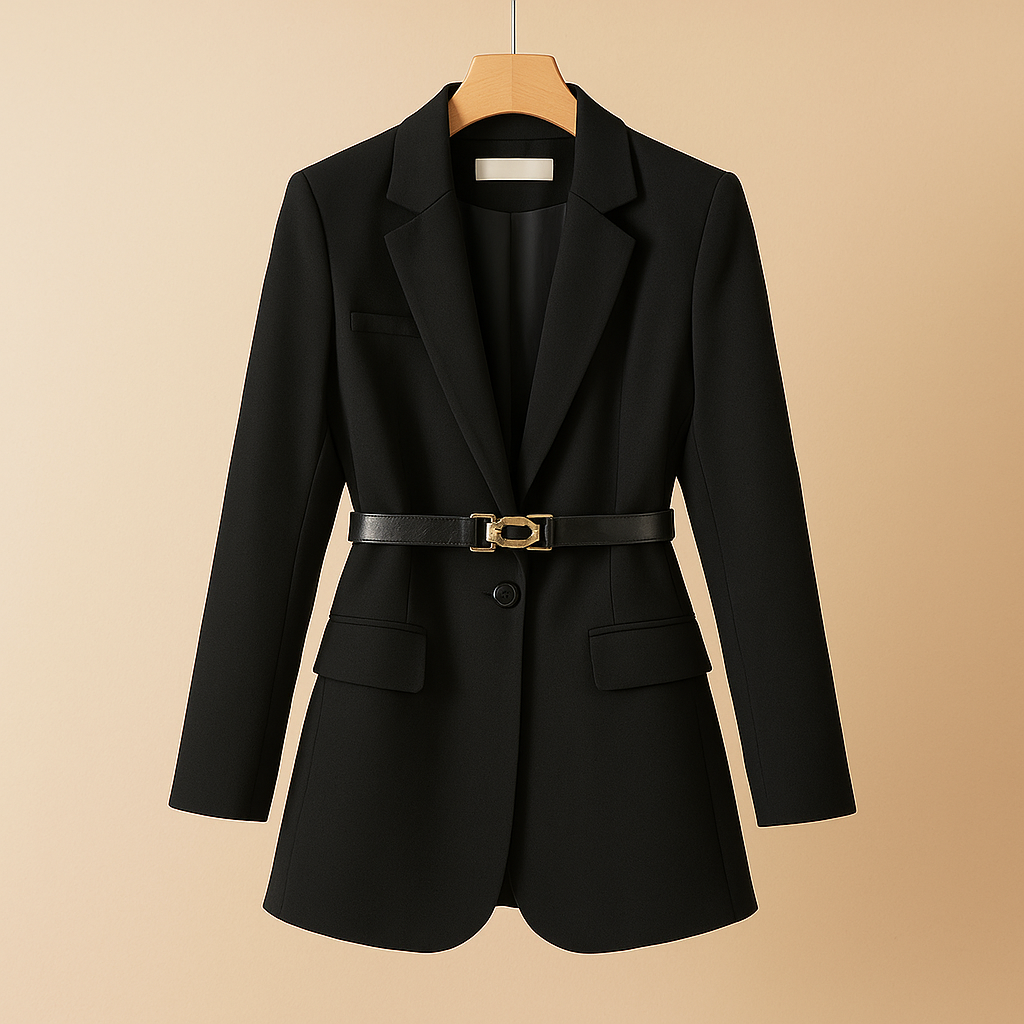 Women's Tailored Belted Blazer with Working Pockets - Black