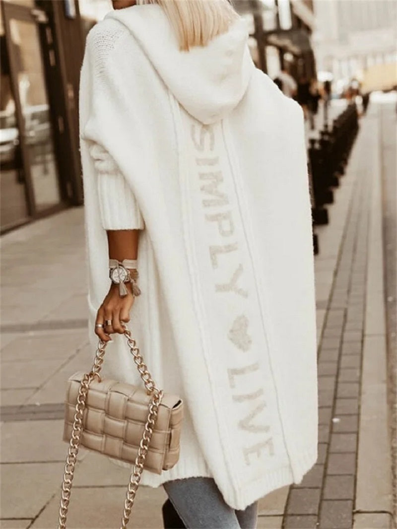 Women's Oversized Longline Coatigan with Hood for Travel Days - White