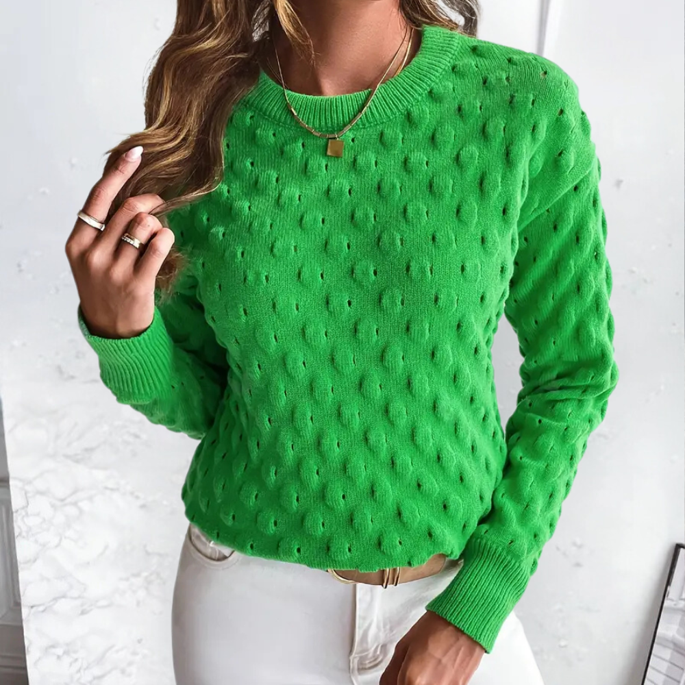 Women's Ribbed-Trim Crew Neck Jumper with Raised Cable Stitch - Green