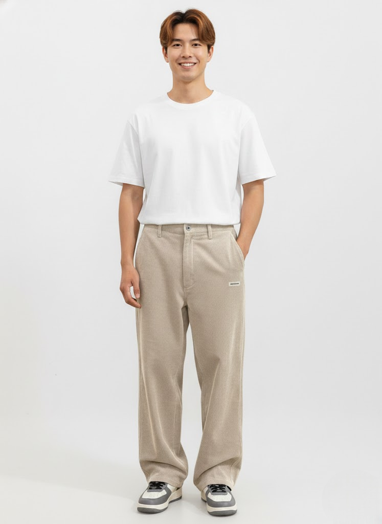 Men's Streetwear Corduroy Trousers with Drawstring Waist - Beige