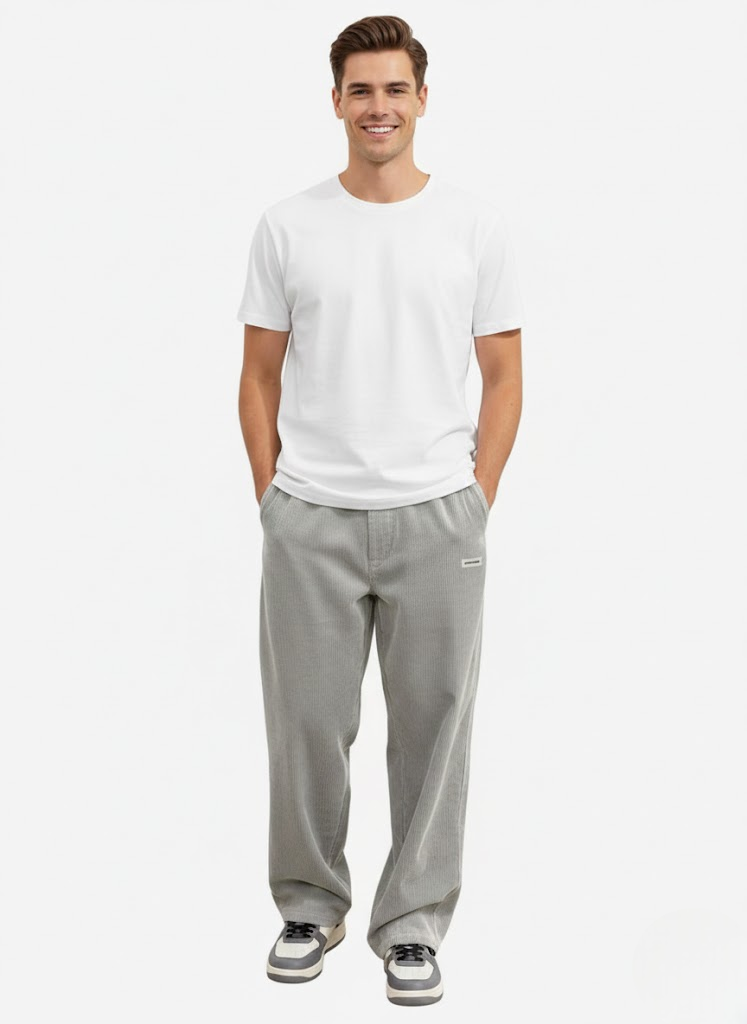 Men's Streetwear Corduroy Trousers with Drawstring Waist - Grey