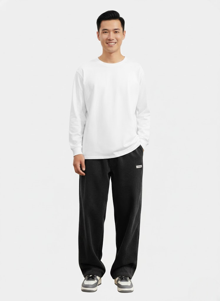 Men's Streetwear Corduroy Trousers with Drawstring Waist - Black