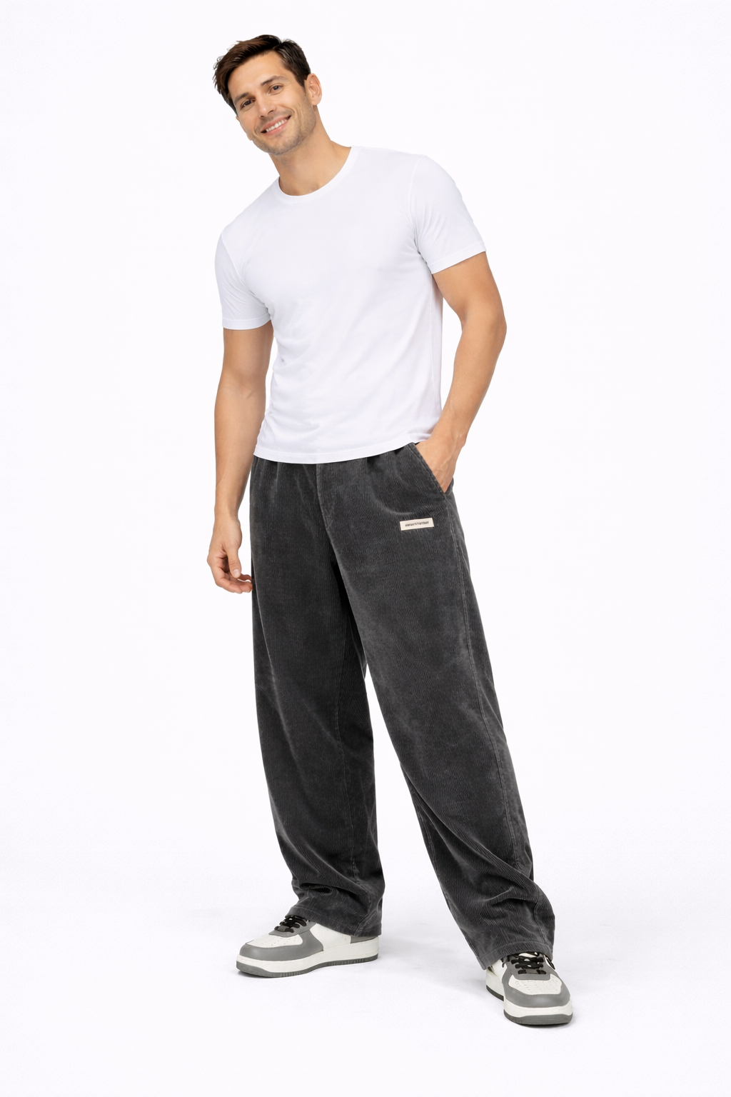 Men's Streetwear Corduroy Trousers with Drawstring Waist - Dark Grey