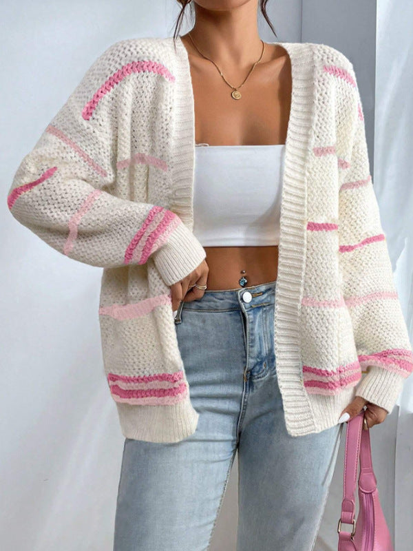 Women's Chunky Printed Cardigan in a Roomy Open-Front Cut - White/Pink