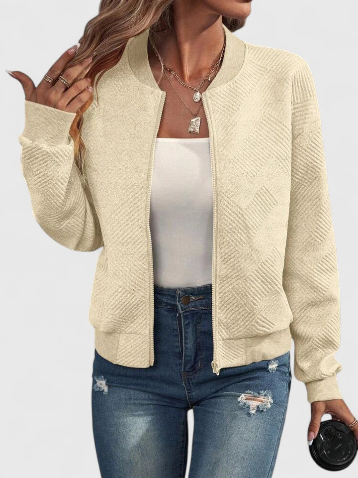 Women's Light Transitional Bomber with Patterned Surface - Beige