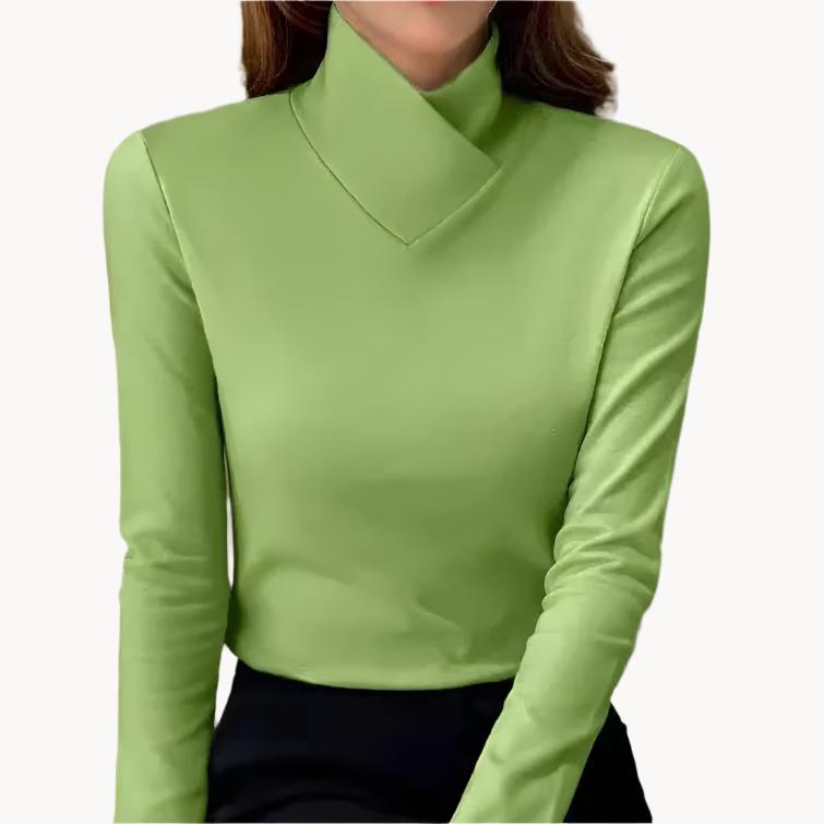 Women's Wrap-Collar Fitted Jumper in Cotton-Blend Knit - Olive Green