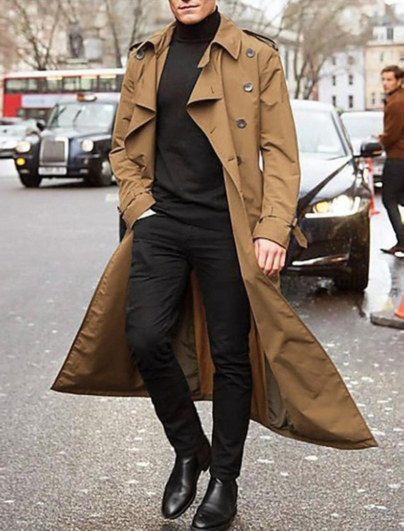 Men's Below-Knee Double-Breasted Trench with Broad Notched Lapels - Brown