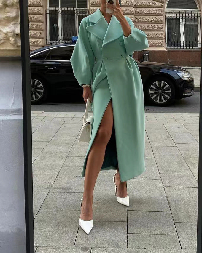 Women's Double-Breasted Wool Maxi Coat with Oversized Lapels - Sage Green