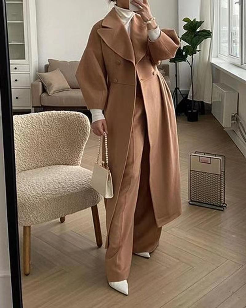 Women's Double-Breasted Wool Maxi Coat with Oversized Lapels - Brown