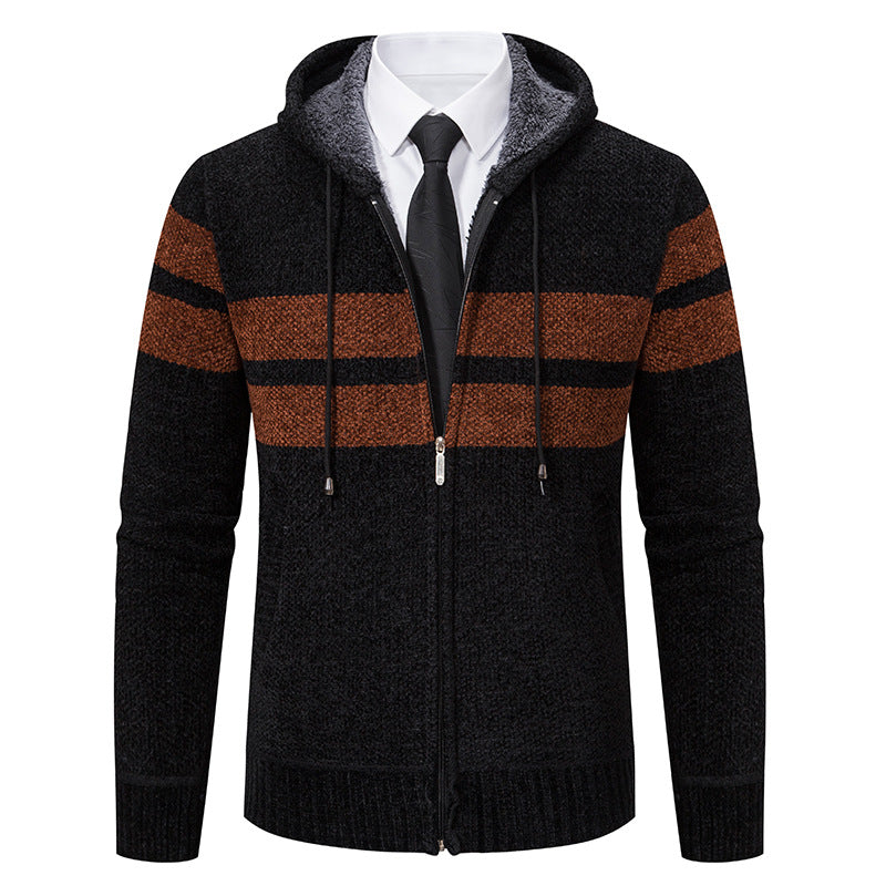 Men's Plush-Lined Knitted Zip Hoodie with Side Pockets