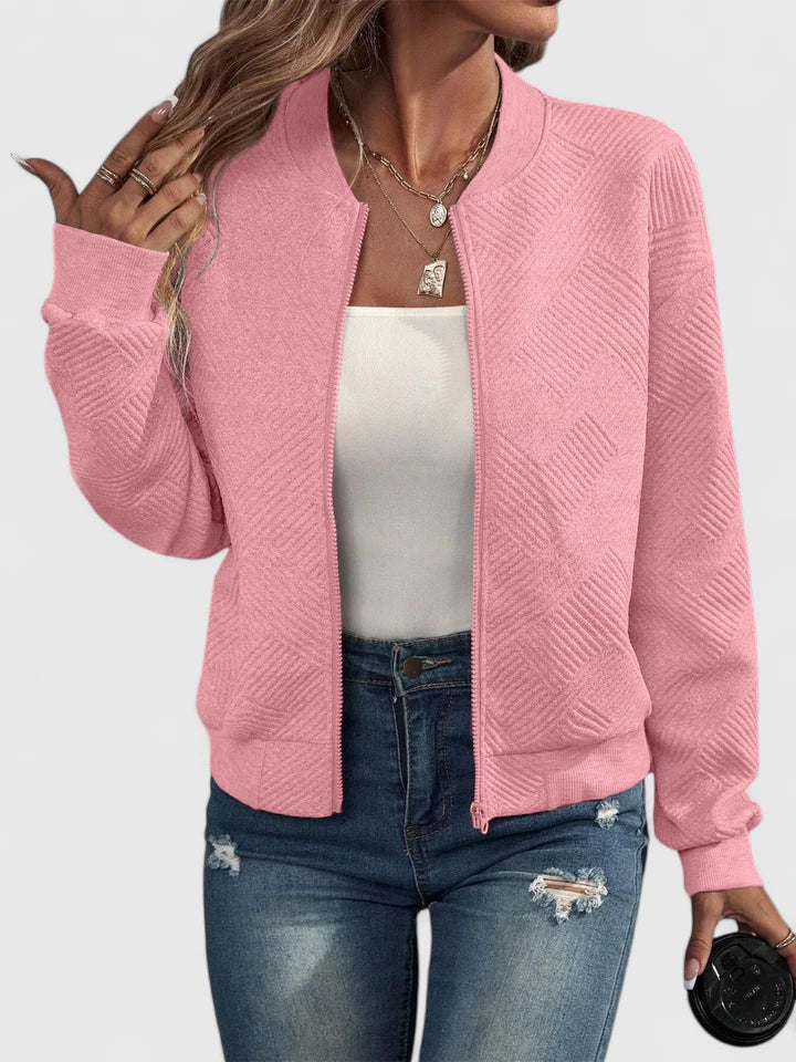 Women's Light Transitional Bomber with Patterned Surface - Pink