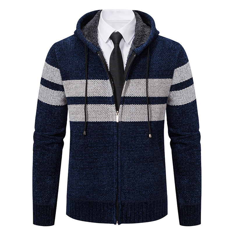 Men's Plush-Lined Knitted Zip Hoodie with Side Pockets