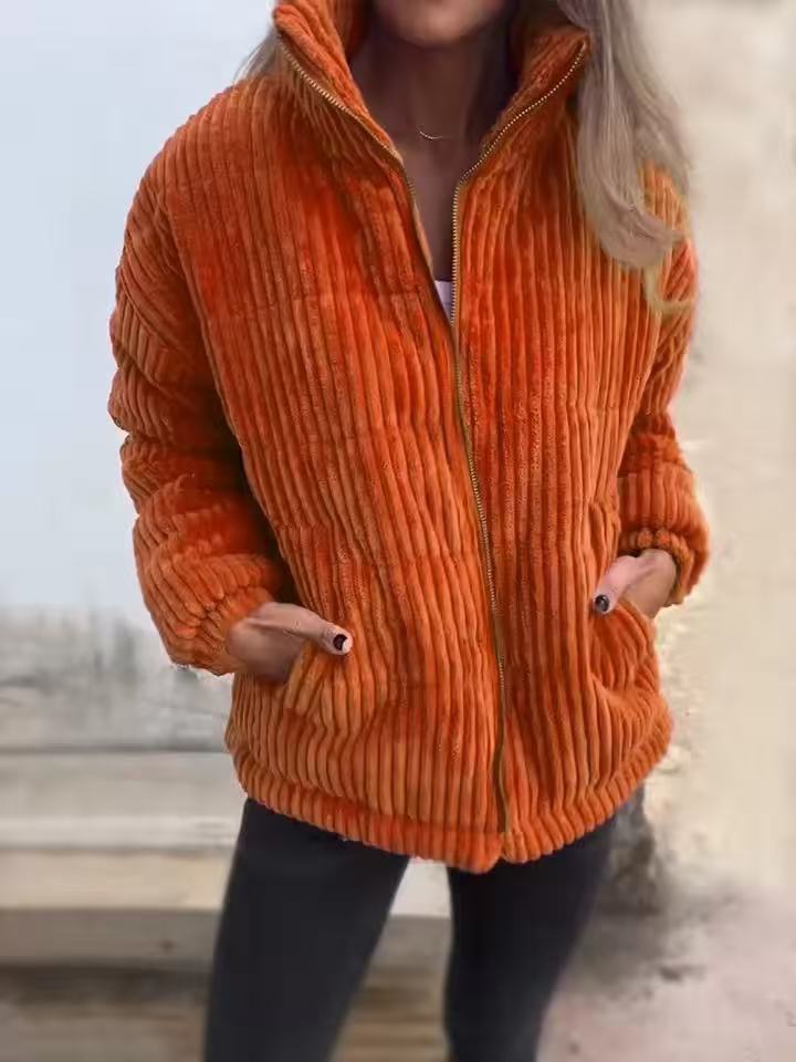 Women's Bold-Rib Corduroy Jacket with Elastic Gathered Cuffs - Orange