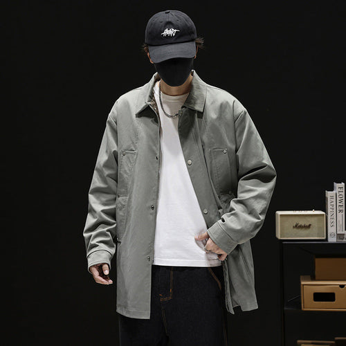 Men's Easy-Fit Beltless Longline Trench with Retro Lapels - Light Grey