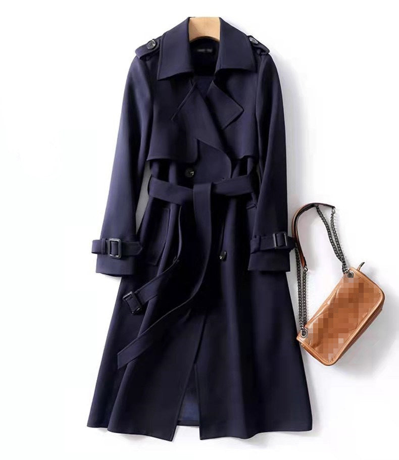 Women's Heritage Check Slim Trench Coat with Two Button Rows - Dark Blue