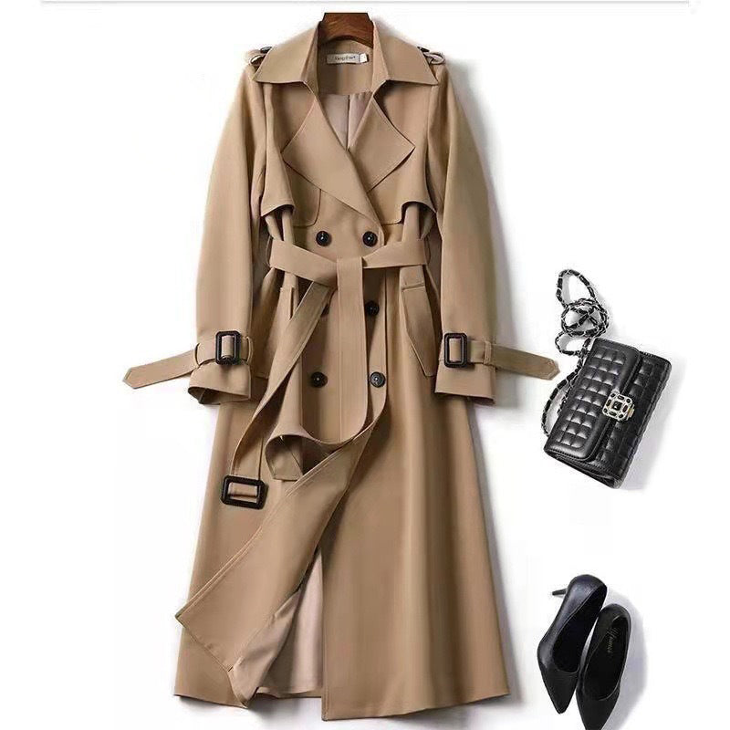 Women's Heritage Check Slim Trench Coat with Two Button Rows - Beige