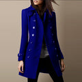 Women's Fitted Mid-Thigh Coat with Structured Shoulders - Dark Blue