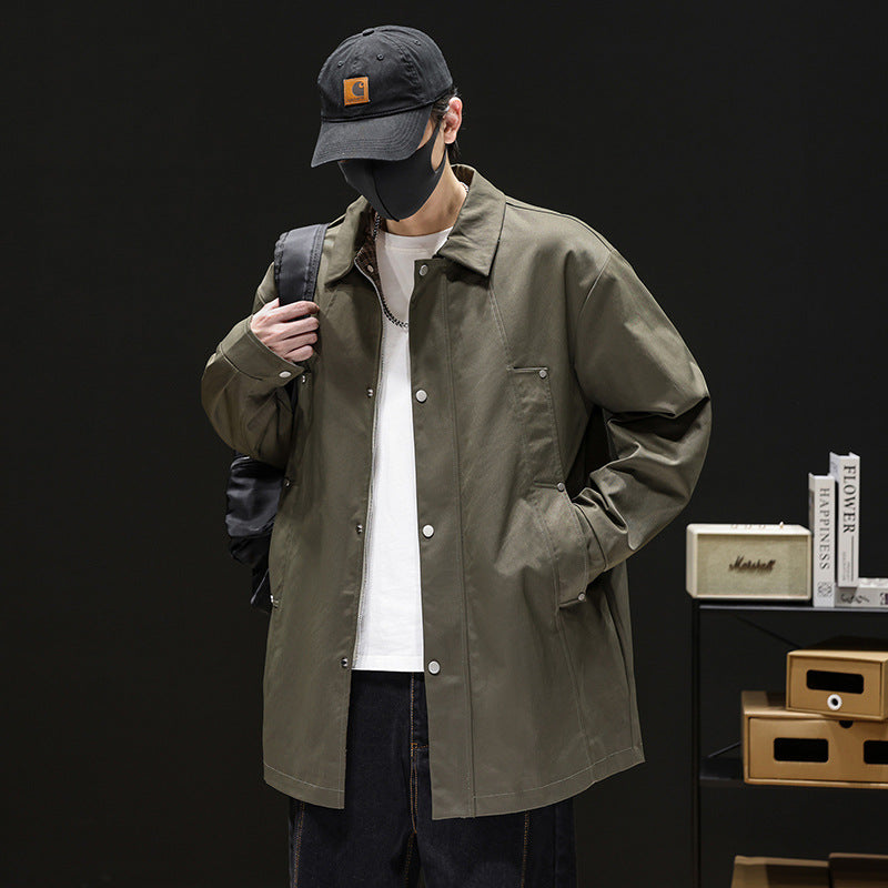 Men's Easy-Fit Beltless Longline Trench with Retro Lapels - Military Green