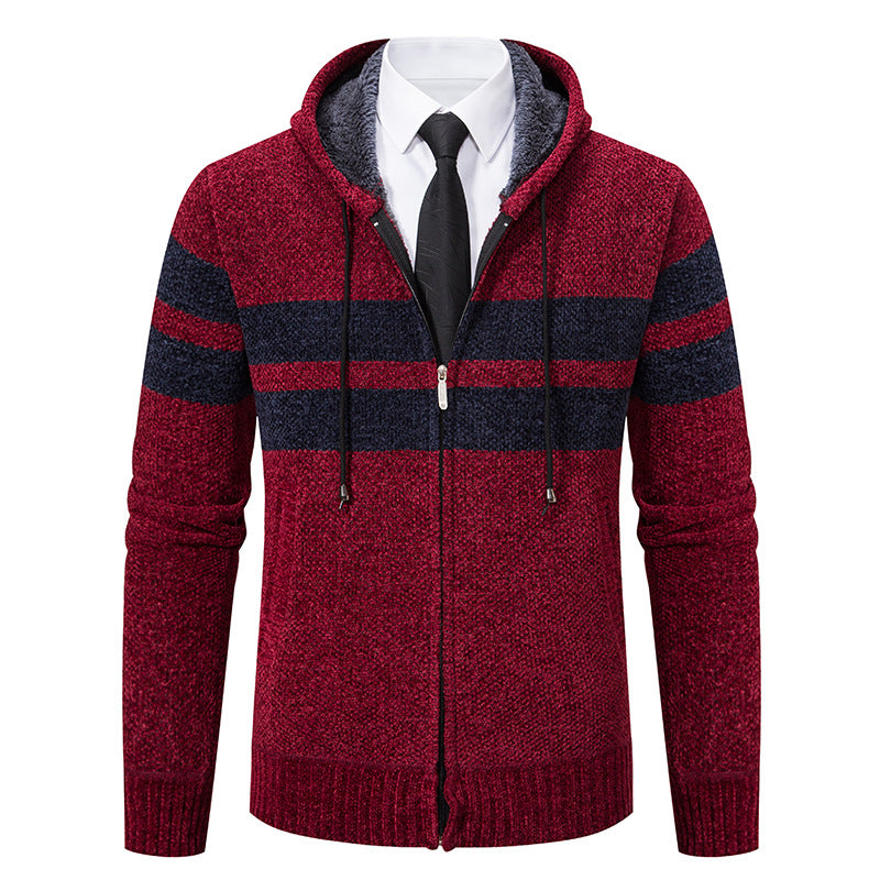 Men's Plush-Lined Knitted Zip Hoodie with Side Pockets