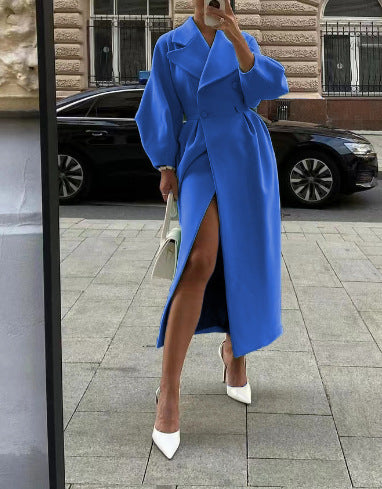Women's Double-Breasted Wool Maxi Coat with Oversized Lapels - Dark Blue