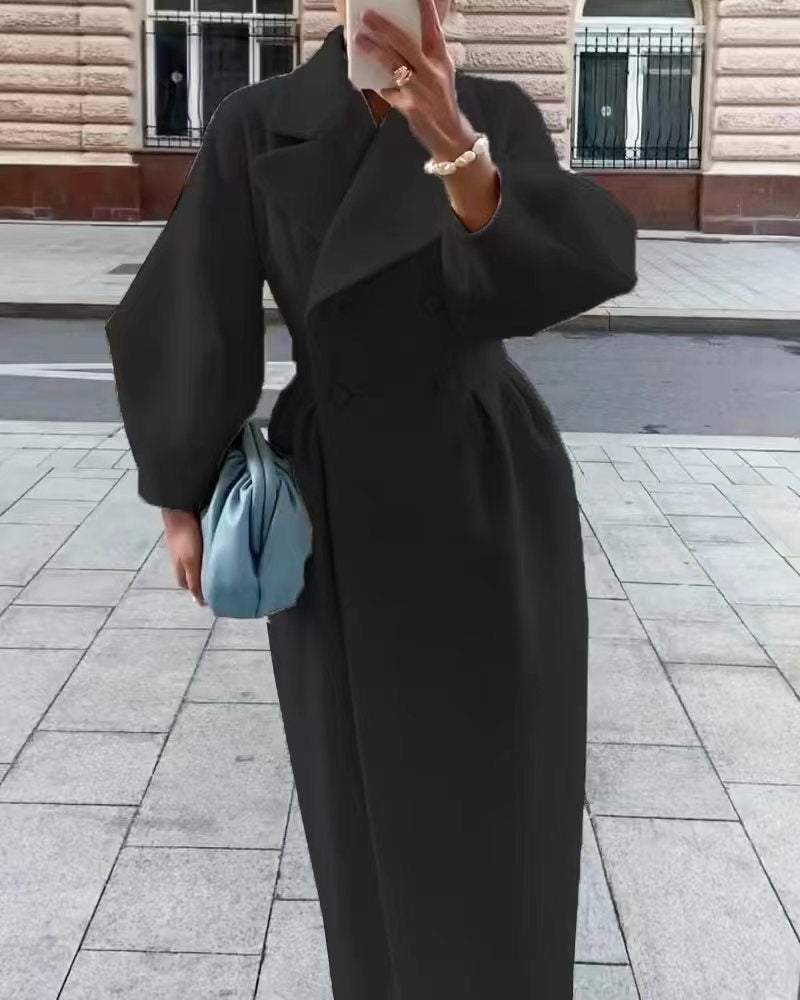 Women's Double-Breasted Wool Maxi Coat with Oversized Lapels - Black