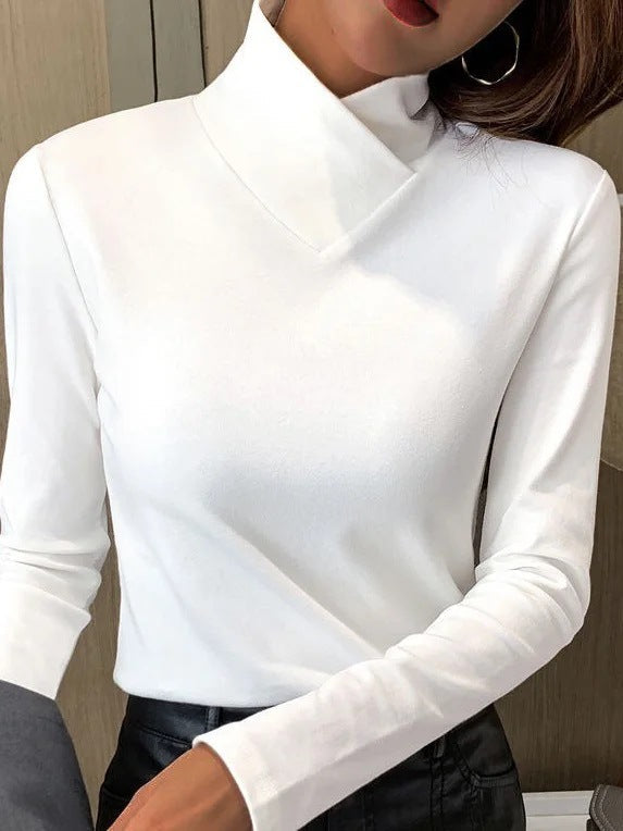 Women's Wrap-Collar Fitted Jumper in Cotton-Blend Knit - White