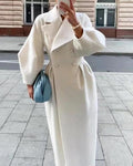 Women's Double-Breasted Wool Maxi Coat with Oversized Lapels - White