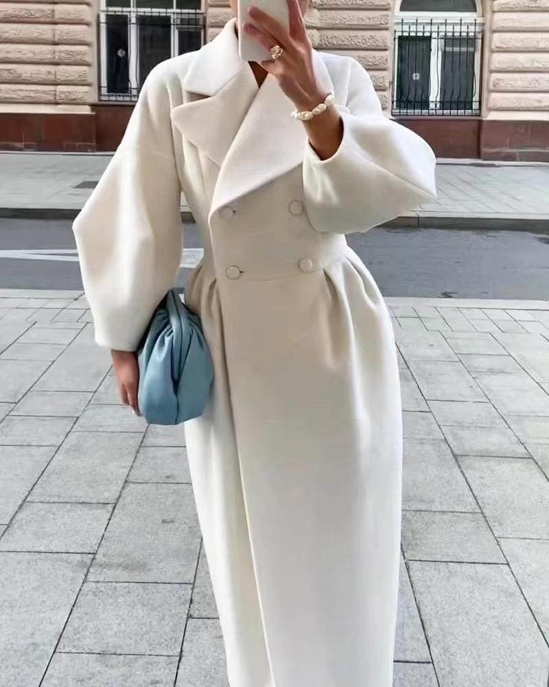 Women's Double-Breasted Wool Maxi Coat with Oversized Lapels - White