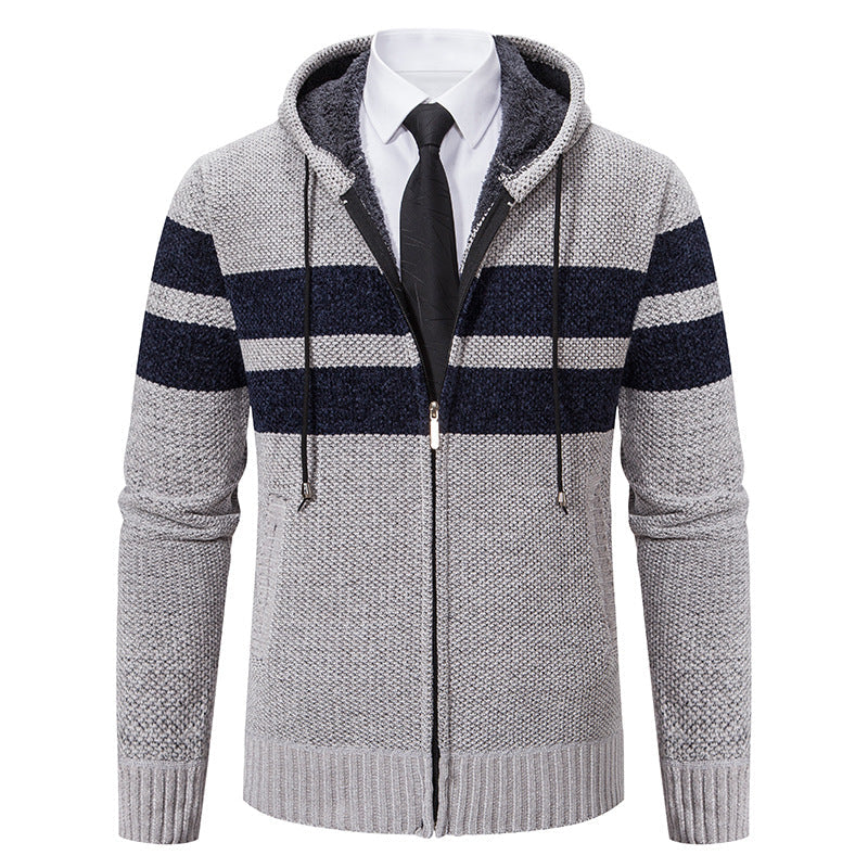 Men's Plush-Lined Knitted Zip Hoodie with Side Pockets