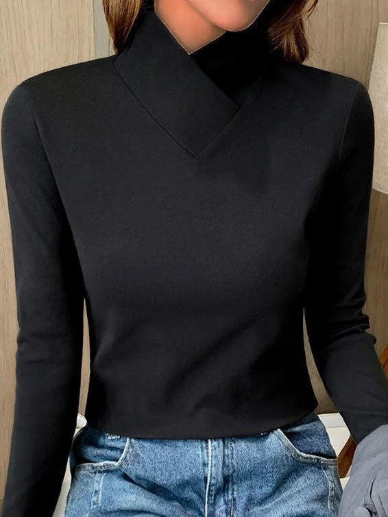 Women's Wrap-Collar Fitted Jumper in Cotton-Blend Knit - Black