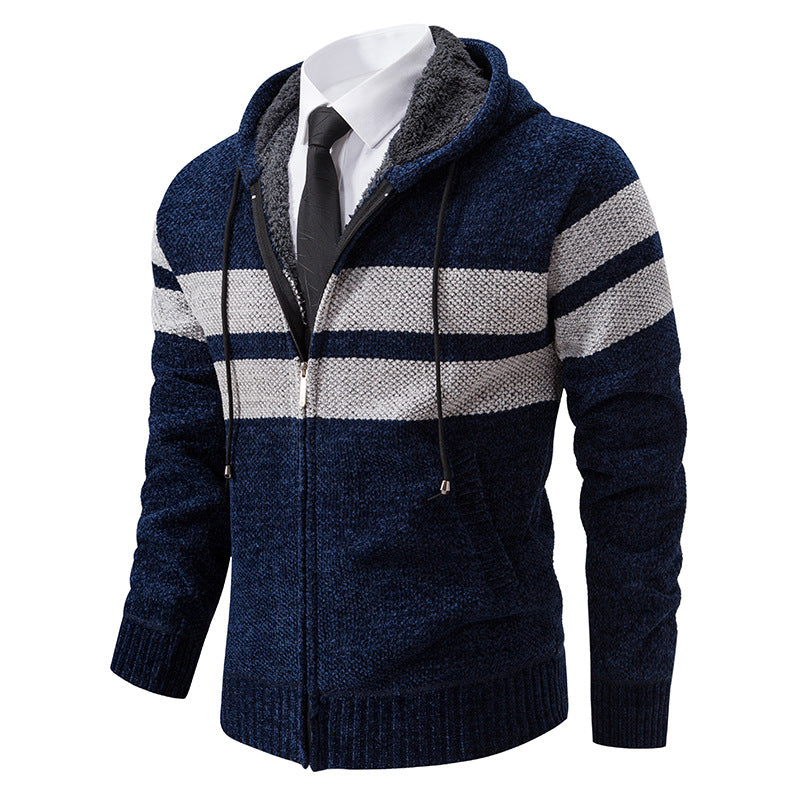 Men's Plush-Lined Knitted Zip Hoodie with Side Pockets