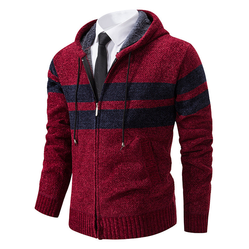 Men's Plush-Lined Knitted Zip Hoodie with Side Pockets